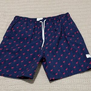 Navy Flamingo Print Men’s Swim Trunks